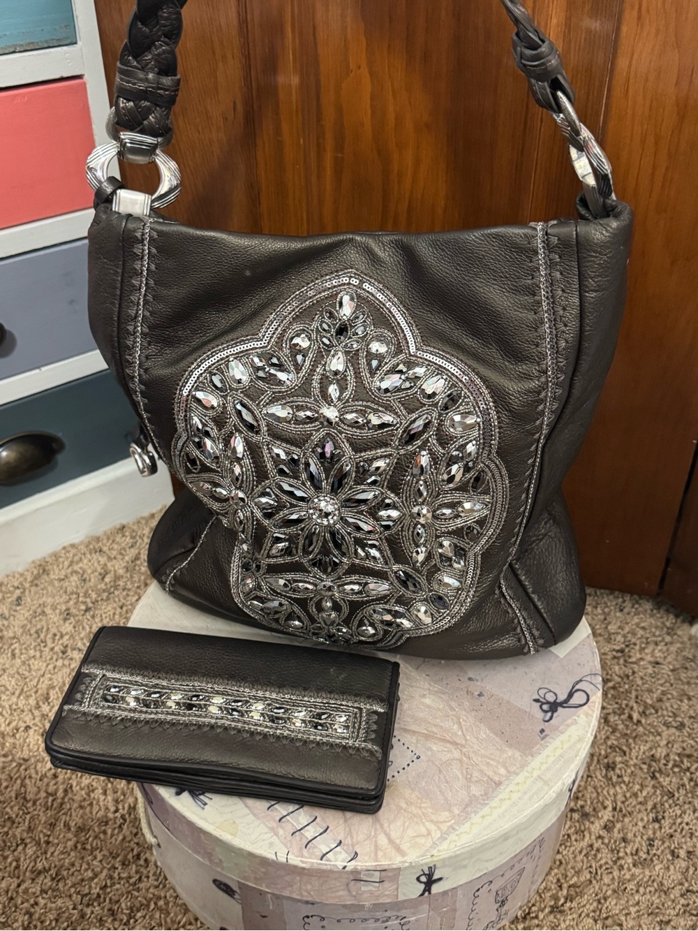 Brighton Purse & Wallet Set Y2K Slouchy Bag Leather with Sequin Medallion